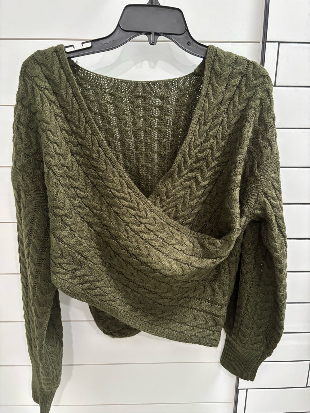SHEIN Olive Green Cable Knit V-Neck Wrap Sweater